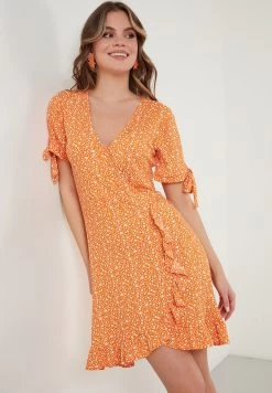 LELA Floral V Neck Ruffle Detail Mini- Jurk - Orange Color -LELA 0745fbffb21743099ae356129b5d5e24
