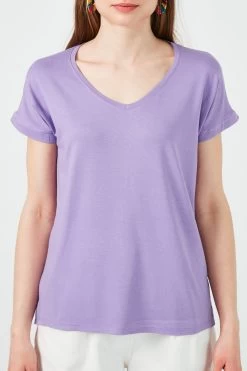 LELA V Neck- T-Shirt Basic - Lilac -LELA 295bd33c4c144d37813d432bb3c1f534
