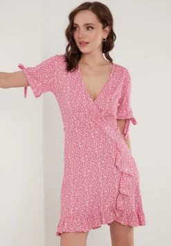 LELA Floral V Neck Ruffle Detail Mini- Jurk - Fuchsia