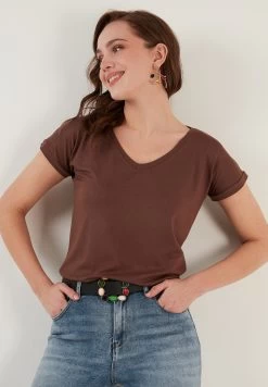 LELA V Neck- T-Shirt Basic - Brown -LELA 620f4b6e8586403382326620b3ba6c2b