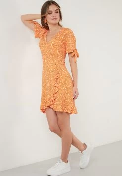 LELA Floral V Neck Ruffle Detail Mini- Jurk - Orange Color -LELA b154a8f1ecbe43f18871e97079095524