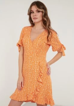 LELA Floral V Neck Ruffle Detail Mini- Jurk - Orange Color