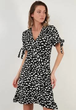 LELA Floral V Neck Ruffle Detail Mini- Jurk - Black-Lepoard